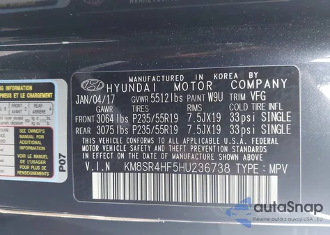 2017 Hyundai Santa Fe Limited Ultimate from USA, damaged, VIN KM8SR4HF5HU236738